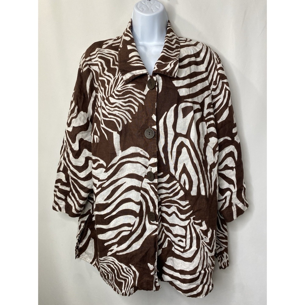Jones New York Womens Linen Shirt Size 1X Palm Leaves Tropical Beach Vacation